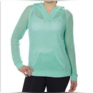 Shirt 469 M Sky Blue Lngslvs Crochet Knit Kangaroo Pocket Women Sweater Hoodie